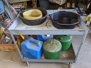lot 403 image: Assortment of Gas Cans and Plastic Oil Drain Pans