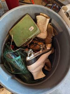 lot 410 image: Bin Full of Roller Skates and Parts