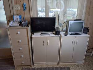 lot 227 image: (3) Cabinets 5-Drawer Cabinet and 3-Shelve Cabinets