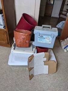 lot 229 image: Assortment of Organization Bins Personal File Bin, Plastic Storage Bins, Wicker Baskets and More