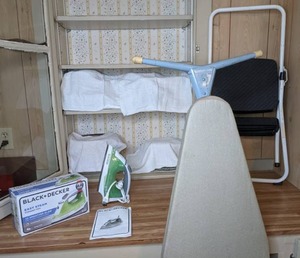 lot 235 image: Laundry Room Accessories Ironing Board, Black & Decker Easy Steam Compact Iron, Cosco Step Stool, & More