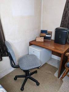 lot 219 image: Wood Office Desk with 2-Drawer File Cabinet, Office Chair, Shredder, Floor Protector and More