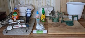 lot 224 image: Miscellaneous Assortment of Dish Soap, Bug Repellant, Plant Food, Waste Basket, Non-Roll Elastic, Brita Filter and More