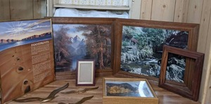 lot 225 image: Collection of Framed Wall Dcor Footprints Poem, River Scene Clock, Mountain Scenes, Waterfall and More