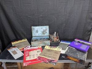 lot 425 image: Assortment of Tools All Purpose Sand Paper, Wet or Dry Sand Paper, Screw-In Utility Hooks, Turn Buckles and More