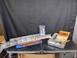 lot 426 image: Assortment of Side Mount Drawer Slide, Aluminum Screen Frame Kits, Paint Brushes, Roller Pads, Tarp and More