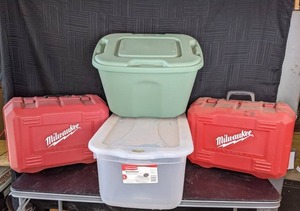 lot 942 image: Set of Heavy Duty Milwaukee Tool Cases and Pair of Plastic Storage Totes