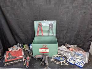 lot 409 image: Assortment of Tools Arrow Glue Gun, Electric Engraver, Soldering Gun Kit, Brass Quick Connectors, Safety Glasses and More