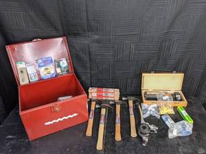 lot 414 image: Assortment of Tools Wood Handle Claw Hammers, Auto Bulbs, Nelson Wood Shims, Drill Chuck Arbor and More