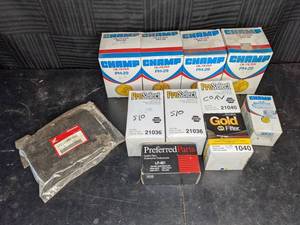 lot 417 image: Brand New Assortment of Filters Proselect Commercial Filters, Preferred Parts Injection Filters, Gold Filter Oil Filters, Champ Oil Filters and More