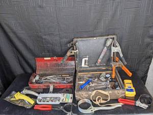 lot 192 image: Collection of (2) Vintage Toolboxes and Contents (Wrenches, Clamps, Flashlight, and More)