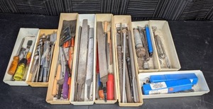 lot 178 image: Nine Drawer Organizer Inserts Filled with Drill Bits, Metal FilesRasps, Wrenches, Chisels, and More