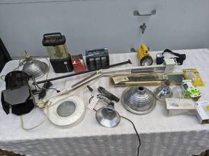 lot 413 image: Assortment of Lights Portable Flashlight, Head Lamp, Mountable Work Light, Freestanding Lamp and More