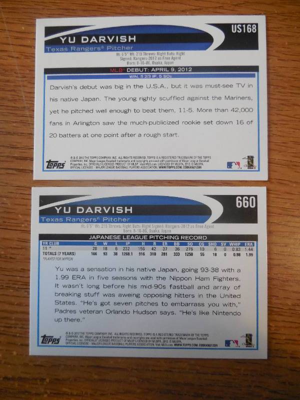 (2) 2012 Topps Yu Darvish Rookies #660 & #US168