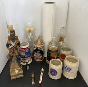 lot 79 image: Group Of Beer Related Items Including Old Peoria Company Decanter, Budweiser And More