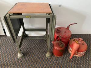 lot 109 image: Group Including Vintage Gmetal gas cans And Steel Drop Leaf CartTable