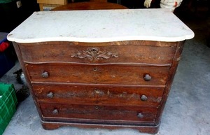 lot 2 image: Antique serpentine marble top dresser ornate wood carvings on drawers with marble top