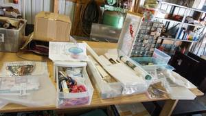 lot 92 image: Assorted craft supplies with bins including multiple Crosstitch accessories