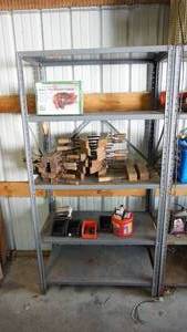 lot 96 image: Metal five adjustable shelf rack  Includes shelf contents  36 x 18 x 72 tall