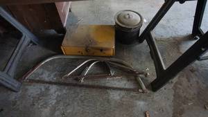 lot 112 image: Portable camp stove, hand saws, canning pot with lid