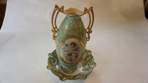 lot 124 image: Beautiful antique hand painted double handled 13 vase made in Germany, 10 inch NIPPON hand-painted bowl