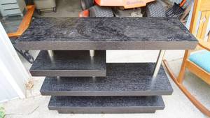 lot 93 image: Modern-style black four tier sofa-back tableplant stand by LISHUI Oak Man-Made Board Company matches lots 94 and 95