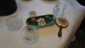 lot 128 image: Cut glass perfume bottles including one 6 inch piece made in West Germany, Handpainted porcelain dish, hand painted marble trinket etc.