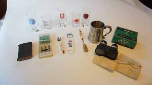lot 156 image: RADEX Binocular Scope with boxslides, advertising memorabilia, vintage darts in case etc.