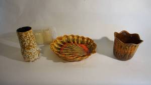 lot 178 image: 7 inch west Germany vase, 5 inch USA pottery planter, 11 inch clamshell California pottery bowl