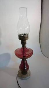 lot 190 image: Marble base ruby red electric hurricane lamp 23 inches tall