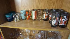 lot 198 image: Six selling at $300 on-line For your benefit seven Vintage Georges Briard Apple & Pear Smoke Collins Glasses, Additional hand-painted enameled glassware etc. all