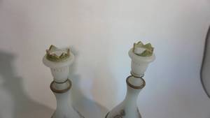 lot 205 image: Pair of hand painted enameled decanters and one lost lid, all lids have chips