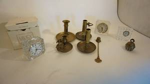 lot 206 image: Crystal clocks including Waterford, Mikasa and quartz, Brass candleholders etc.