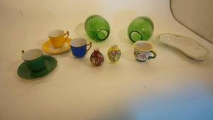 lot 207 image: Two green long glass flat side vases, miniature tea set, Asian porcelain etc.