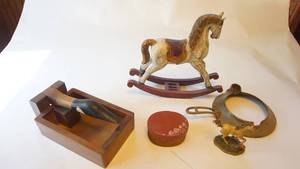lot 239 image: Home decor including wood rocking horse, wood duck nutcracker etc.