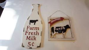 lot 241 image: Home decor lot including metal farm fresh milk sign, welcome sign
