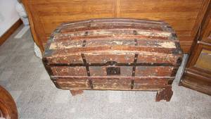lot 263 image: Antique humpback trunk with wood stand