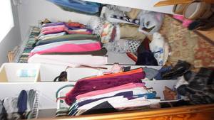 lot 266 image: Walk in closet contents, clothing, boots, shoes, belts etc.