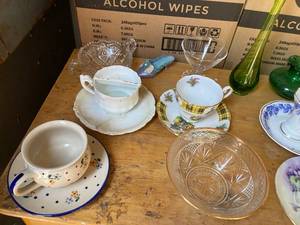 Tea Cups, Green & Ruby Glass