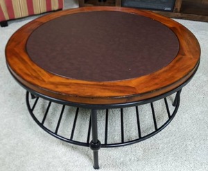 lot 15 image: Two-Tier Coffee Table has Black Base, Wooden Top with Leather-Like Insert