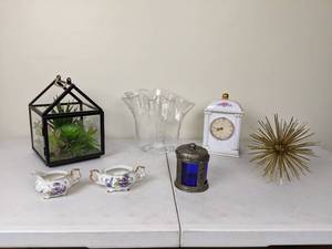 lot 73 image: Assortment of Decor White Clock, Gold Spike, Artificial Plant Box, Ruffled Bowl and More Table Top Dcor