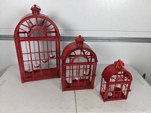 lot 112 image: Set of (3) Traditional Arched Tealight Lanterns, Red