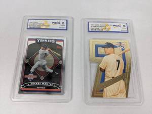lot 61 image: 1997 MLB Score Board Shoe Box #7-P Mickey Mantle Foil Die-Cut and 2006 Topps #T-2 Mickey Mantle National Trading Card Day, Gem Mint 10