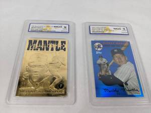 lot 57 image: 1996 MLB Bleachers 23 Karat Gold Mickey Mantle New York Yankees #7 and 2008 Topps Chrome Mickey Mantle #MMR-54 1954 Topps - Blue Refractor, Gem Mint 10