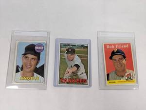 lot 29 image: Trio of MLB Baseball Cards 1969 Hoyt Wilhelm Angels, 1967 Whitey Ford Yankees, 1958 Bob Friend Pirates