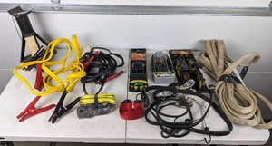 lot 18 image: Automotive Accessories Jack Stand, Jumper Cables, Multiple Ratcheting Straps, and Bungee Cords
