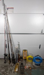lot 20 image: Fishing Gear Rods, Reels, Ice Fishing Tip Up, Trolling Buckets, Thermometer, Gun Cleaning Kit, and More