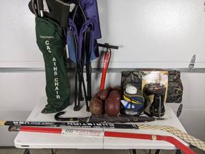 lot 124 image: Gretzky Hockey Sticks, Everlast Boxing Gloves, Camping Chairs, Air Pump, and More