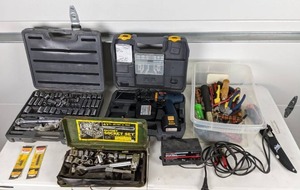 lot 122 image: Garage Items for the Handyperson Two Socket Sets, Dry Wall tools, Ryobi Drill Set, and More