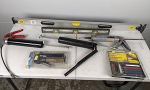 lot 130 image: Variety of Tools Stanley Levels, Lansky Knife Sharpening System, Grease Gun Kit, Chalk Gun and More